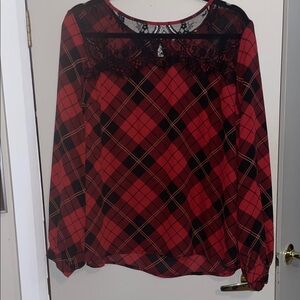 Elegant Red Plaid Blouse with Lace Detail